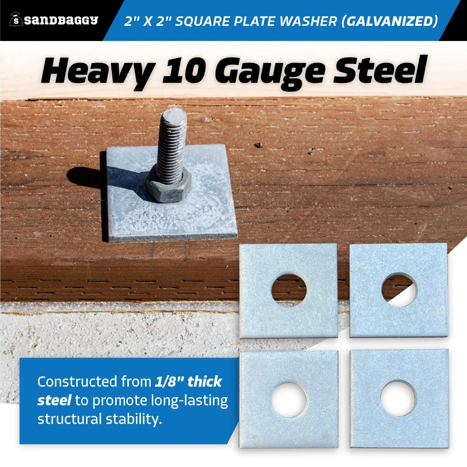 2" x 2" Galvanized Square Plate Washer - 5/8" Anchor Bolt Diameter