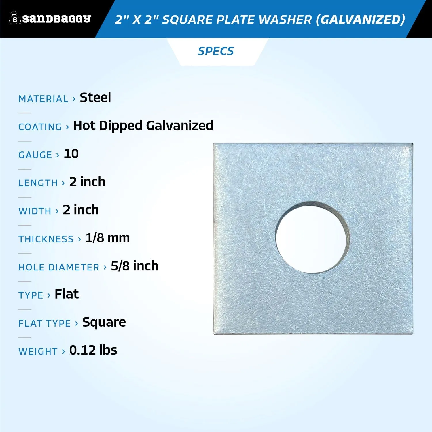 2" x 2" Galvanized Square Plate Washer - 5/8" Anchor Bolt Diameter