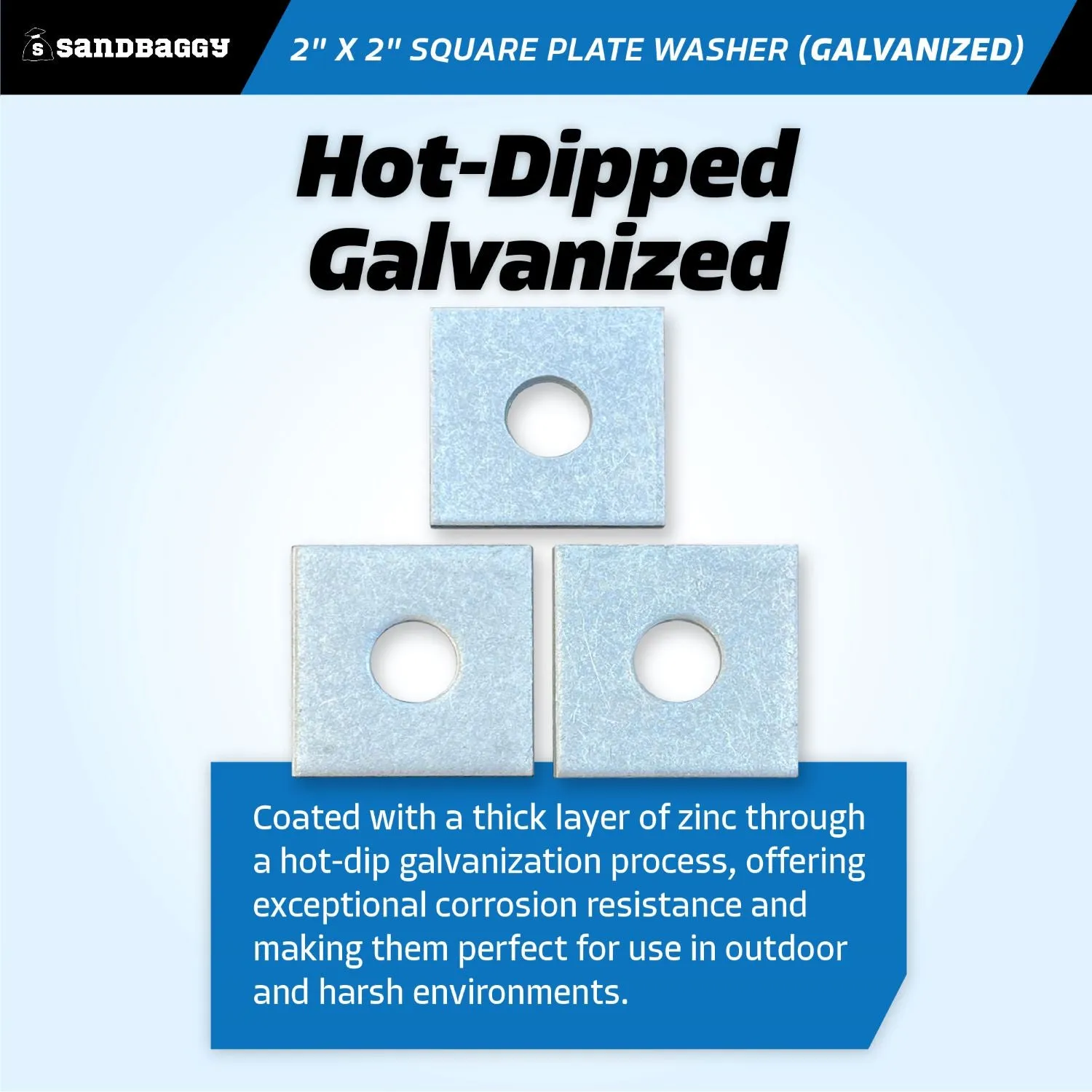 2" x 2" Galvanized Square Plate Washer - 5/8" Anchor Bolt Diameter