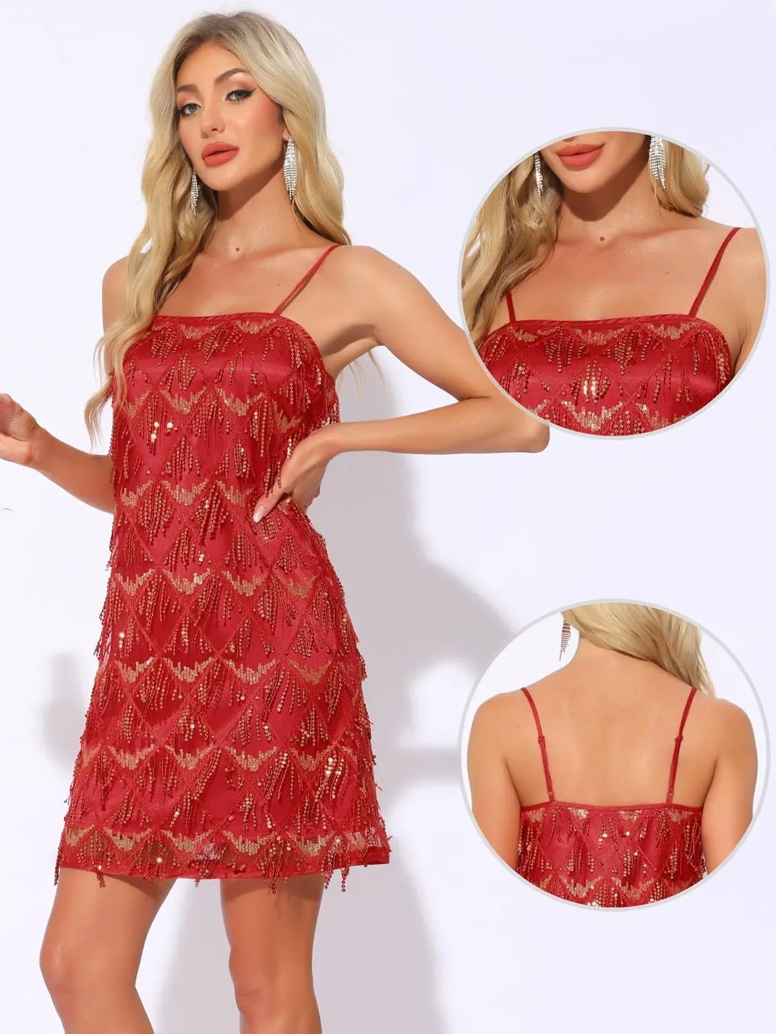 Allegra K Sequin Dress for Women's Flapper Dress Tassel Fringe Spaghetti Straps Cocktail Party Mini Sparkly Dresses