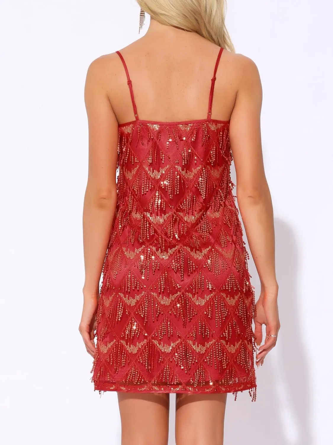 Allegra K Sequin Dress for Women's Flapper Dress Tassel Fringe Spaghetti Straps Cocktail Party Mini Sparkly Dresses