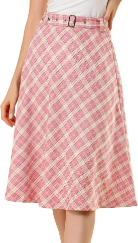 Allegra K Women's Tartan Plaid High Waist Belted Vintage A-Line Midi Skirt