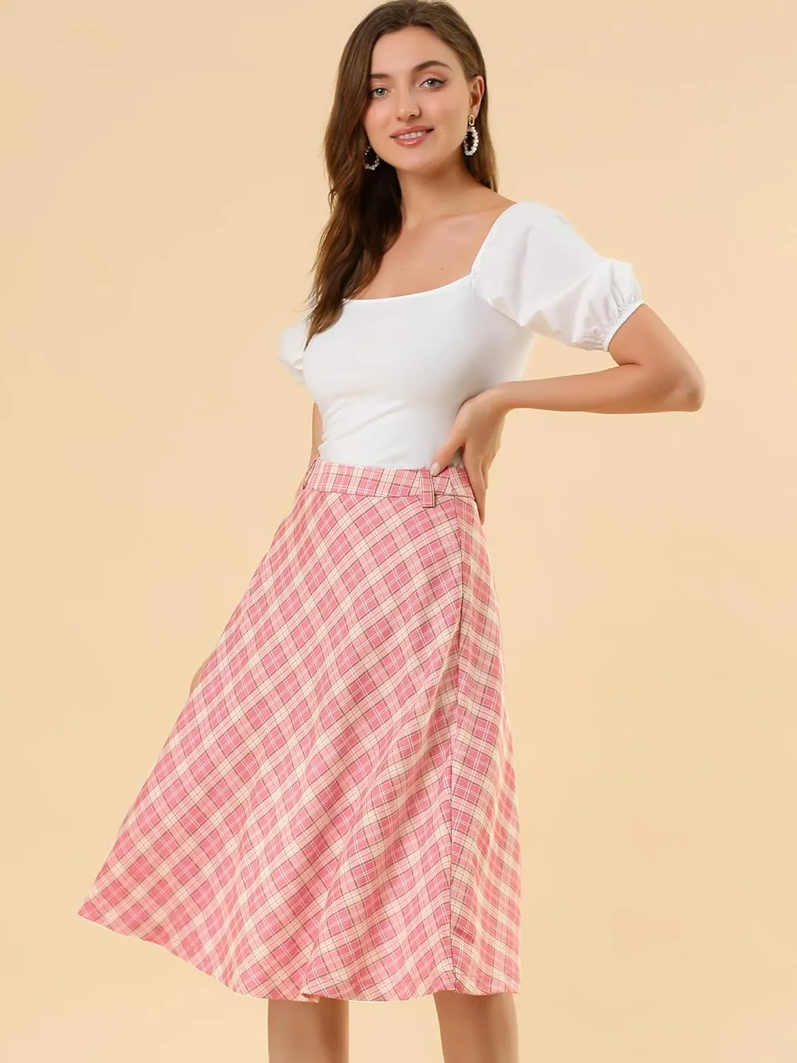 Allegra K Women's Tartan Plaid High Waist Belted Vintage A-Line Midi Skirt