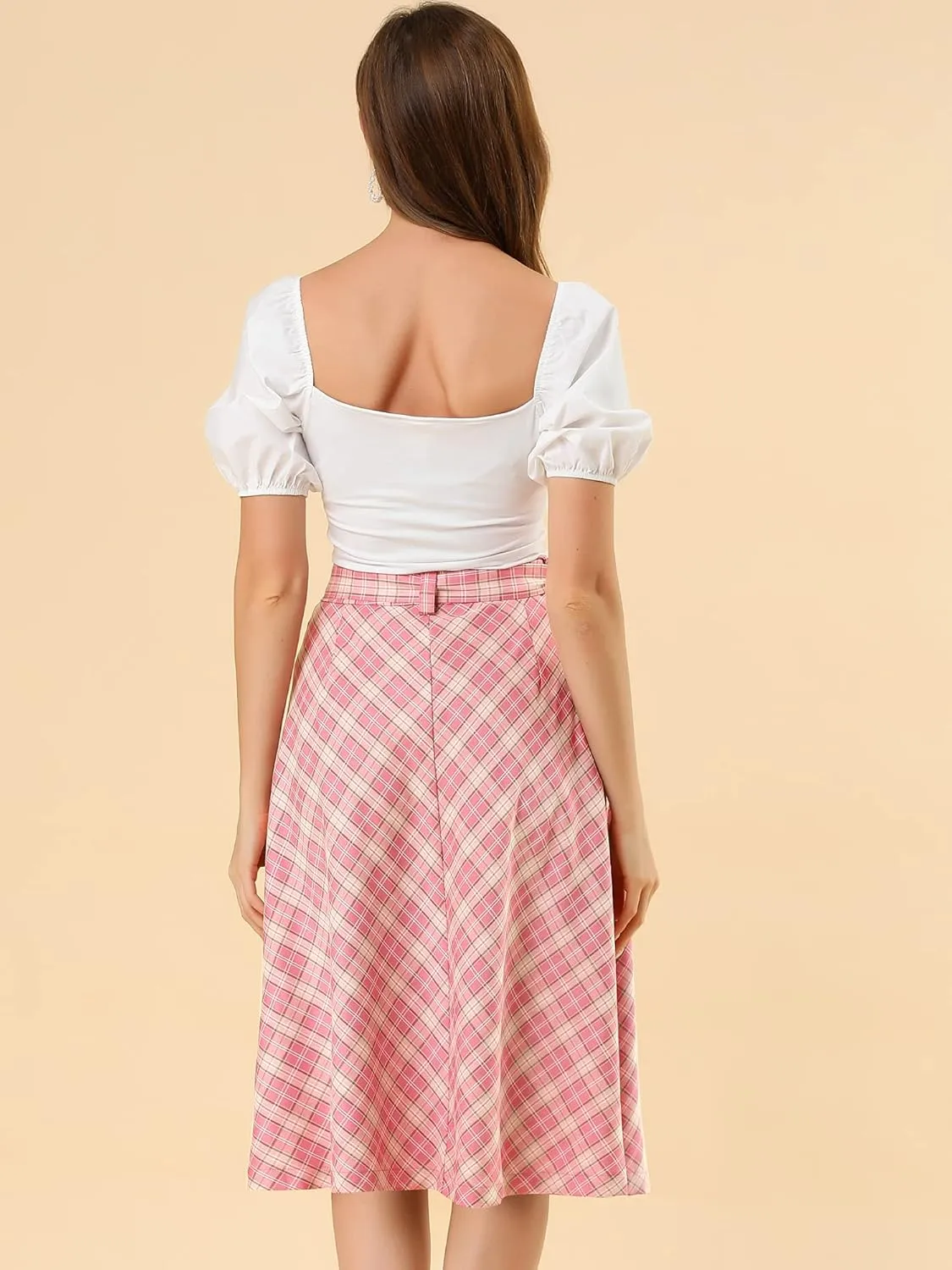 Allegra K Women's Tartan Plaid High Waist Belted Vintage A-Line Midi Skirt
