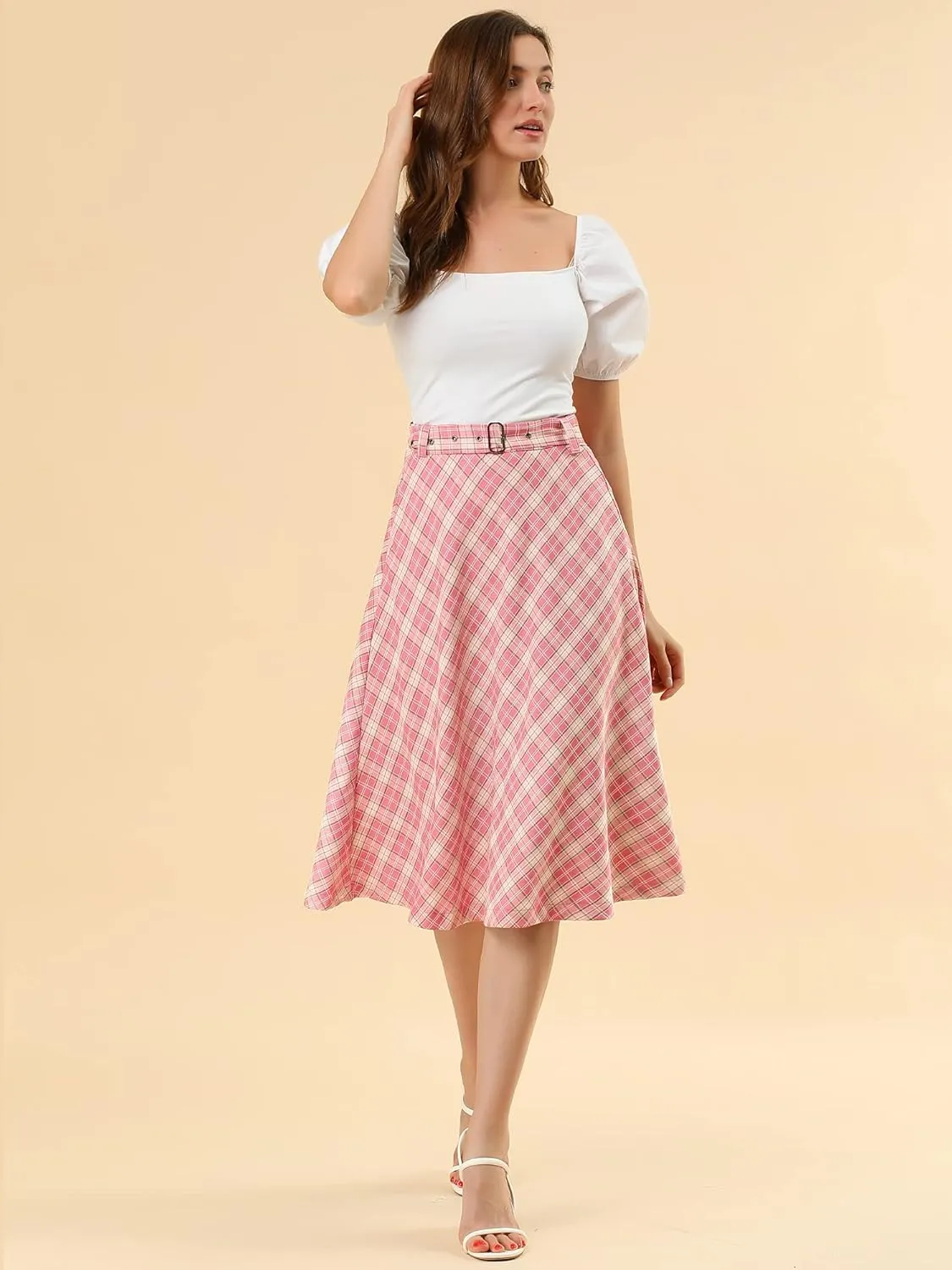 Allegra K Women's Tartan Plaid High Waist Belted Vintage A-Line Midi Skirt