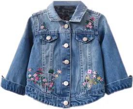 Autumn Girls Denim Jackets Coats Embroidered Flowers Lapel Cowboy Coat for Baby Girls Floral Jeans Outwear 2-8T