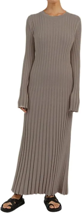 Bowanadacles Women Casual Knitted Maxi Dress Solid Color Long Sleeve Round Neck Ribbed Long Dress Elegant Party Knit Dress