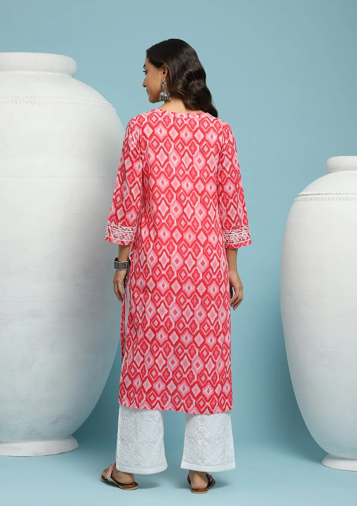 Cotton Chikankari Ikkat Printed Women's Long Kurta - Pink