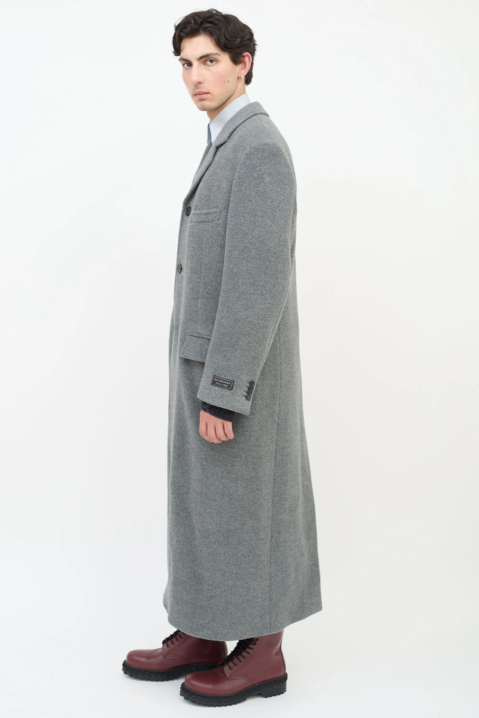 Grey Wool Three Pocket Long Coat