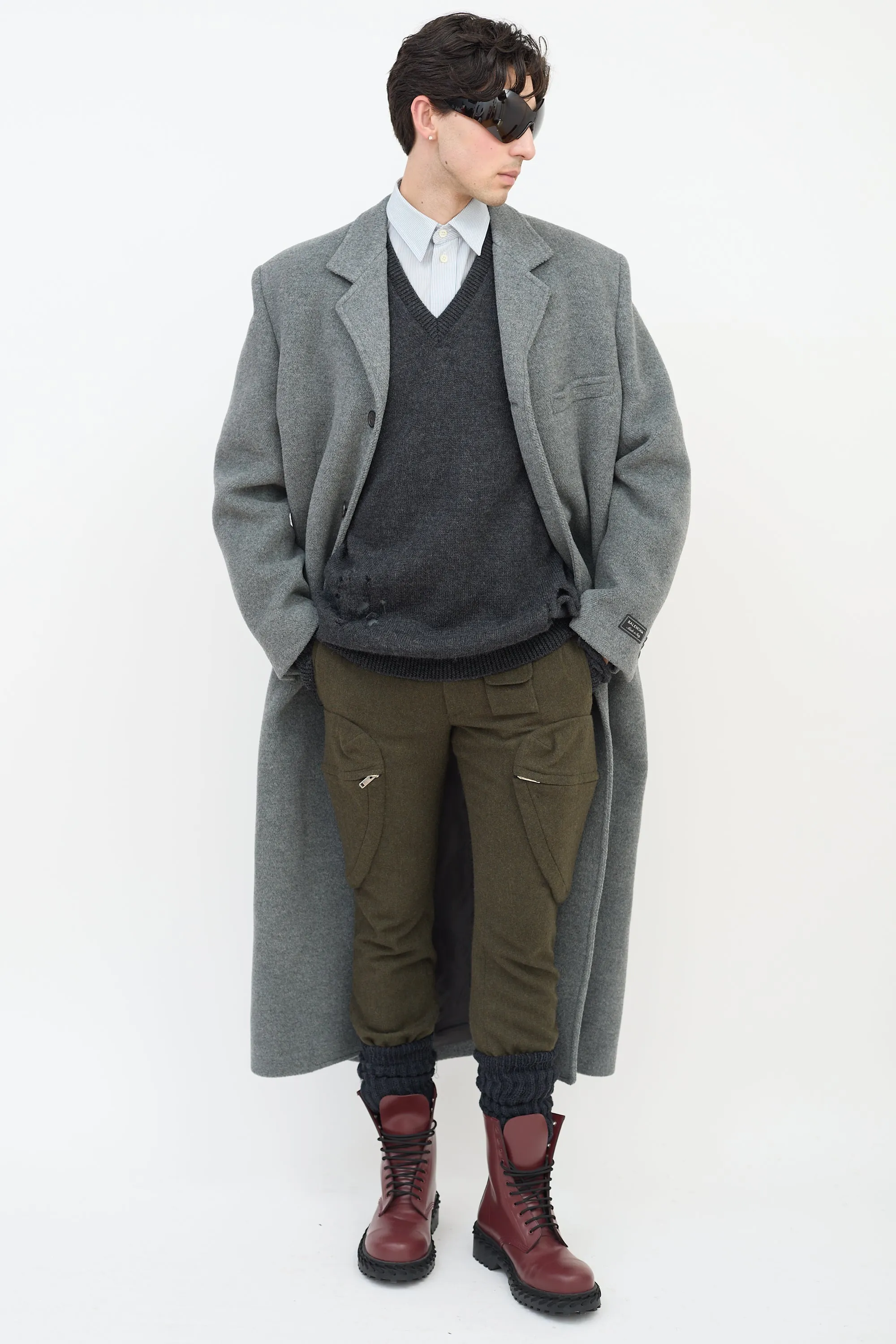 Grey Wool Three Pocket Long Coat