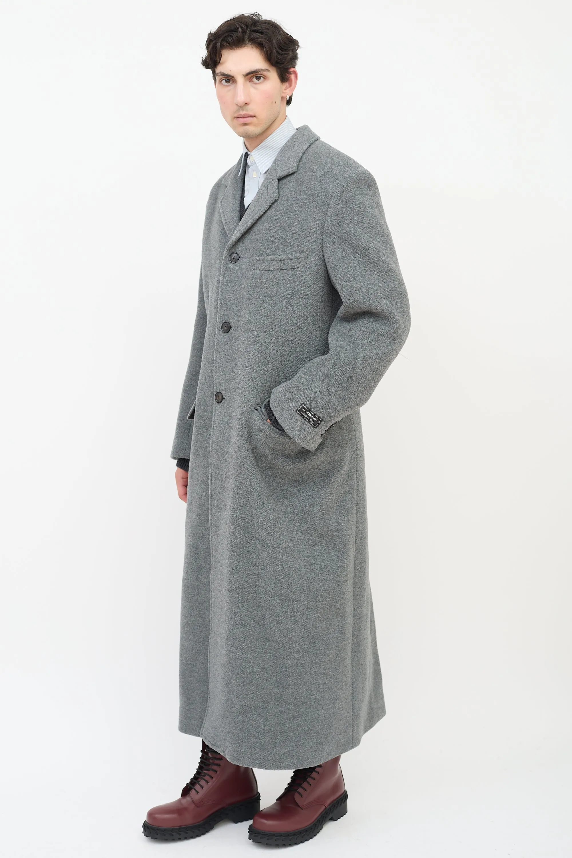 Grey Wool Three Pocket Long Coat