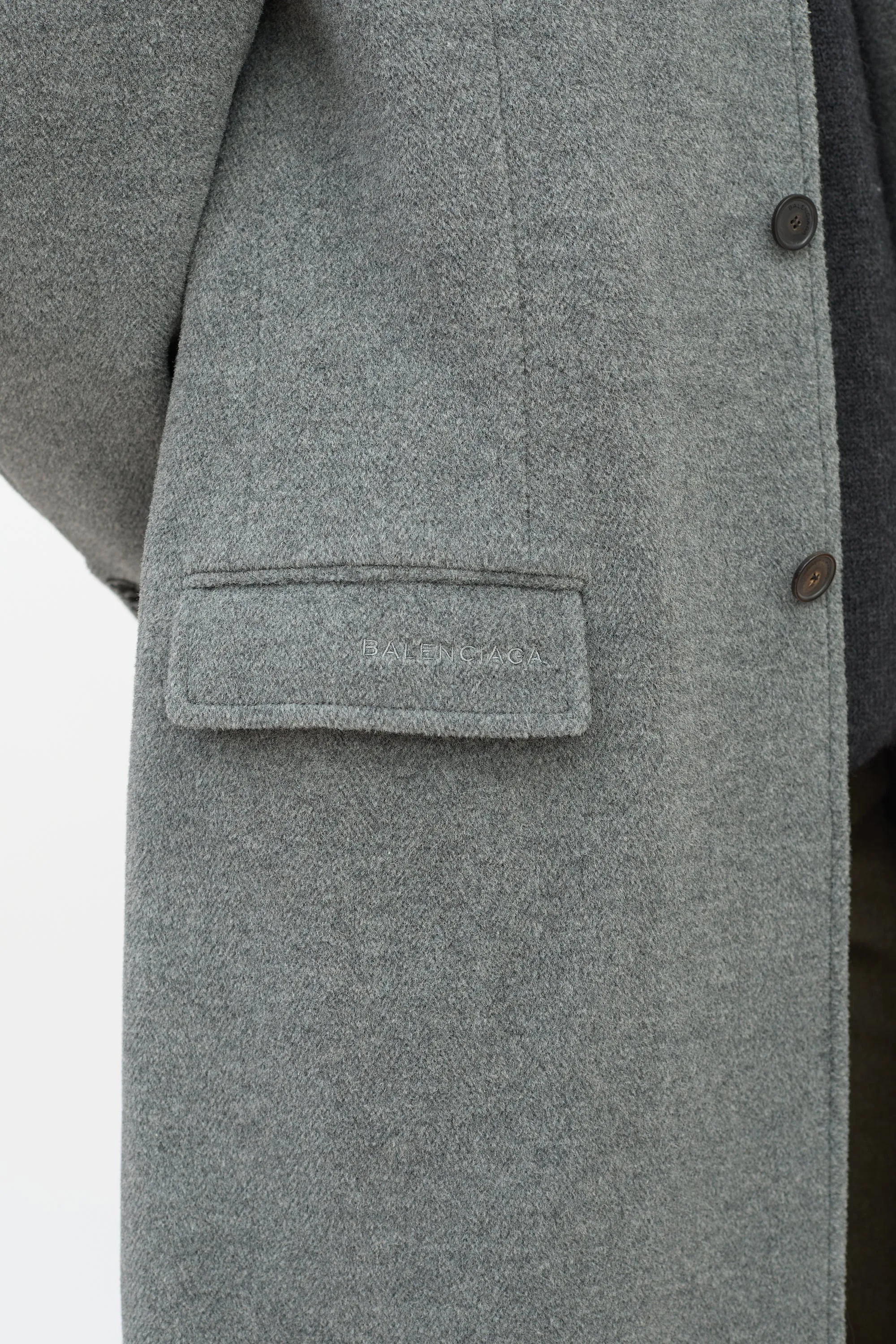 Grey Wool Three Pocket Long Coat