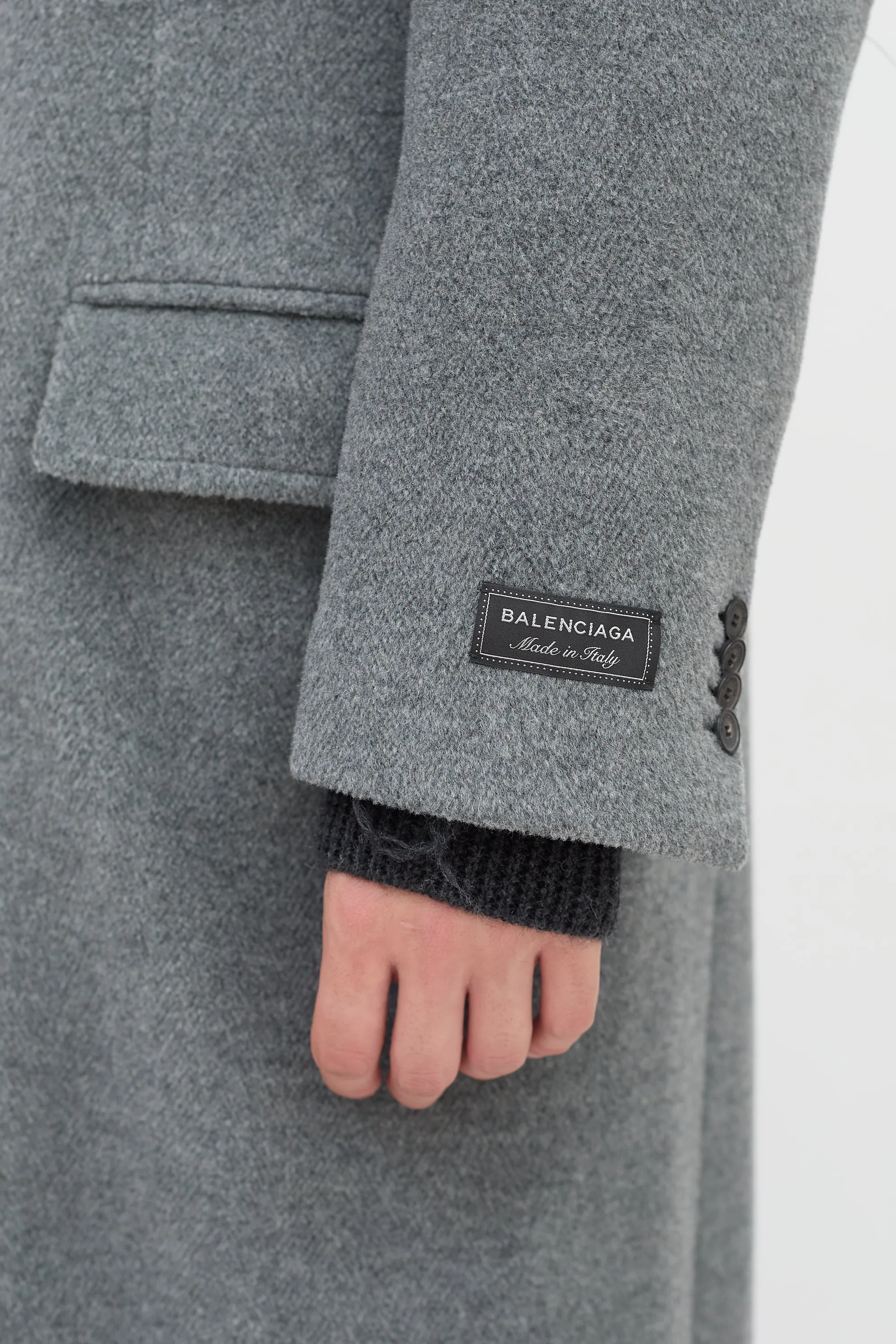 Grey Wool Three Pocket Long Coat