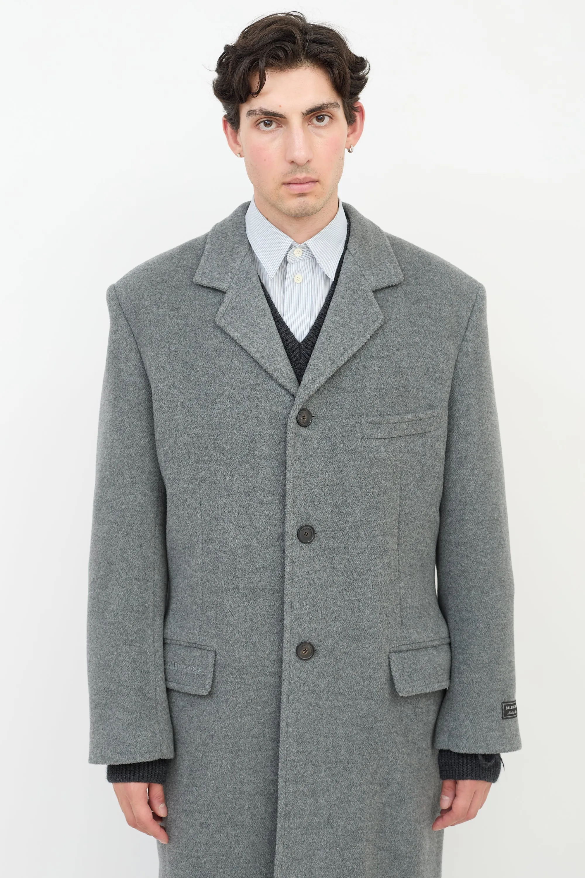 Grey Wool Three Pocket Long Coat
