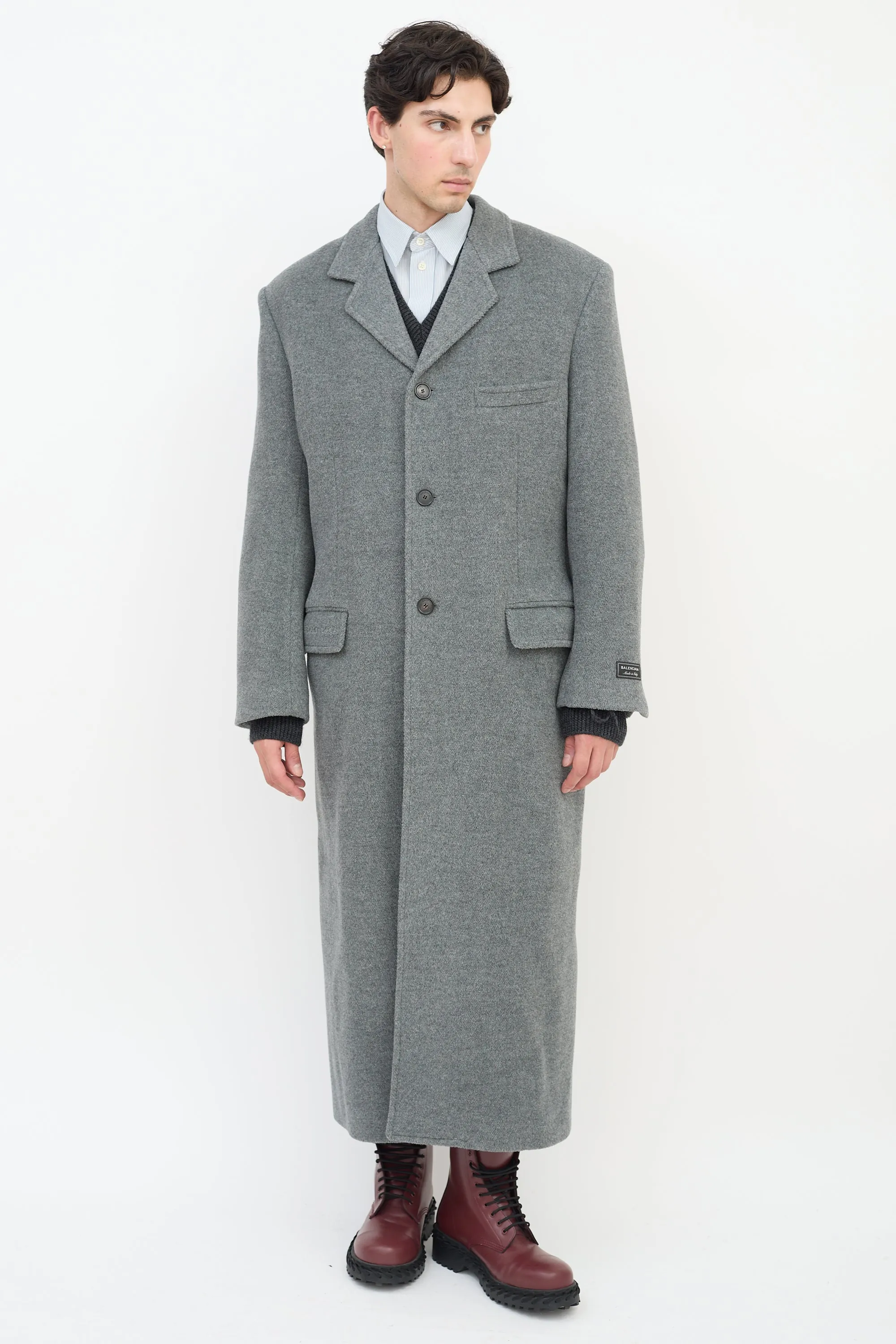 Grey Wool Three Pocket Long Coat