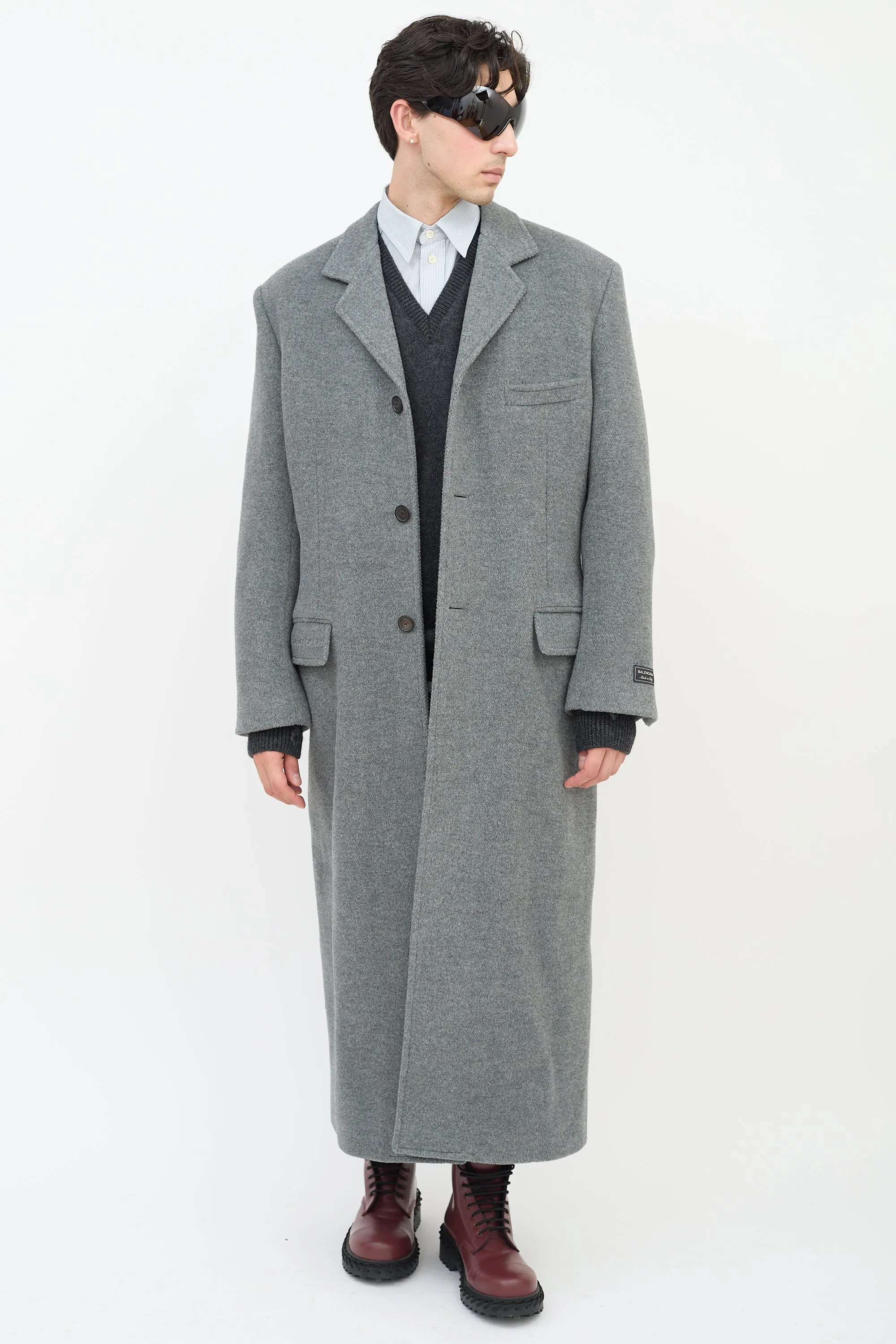 Grey Wool Three Pocket Long Coat