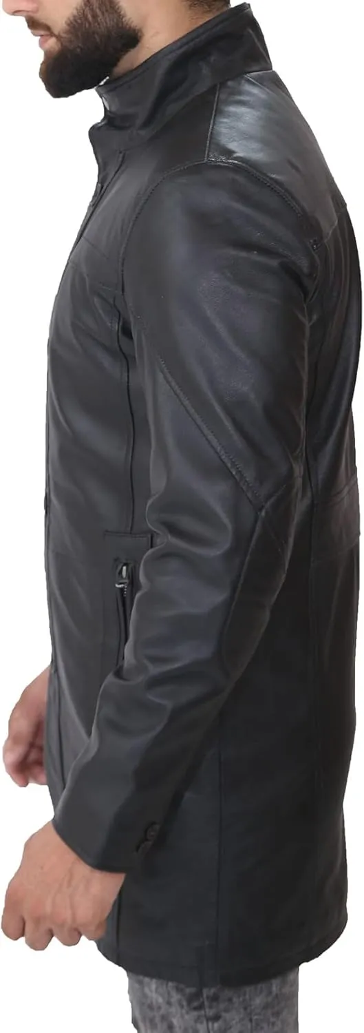 Havock Mens Leather 3/4 Coat  Genuine Leather Jacket Long Black/Brown - Real Vintage Car Coats Men - Winter Trench Coat