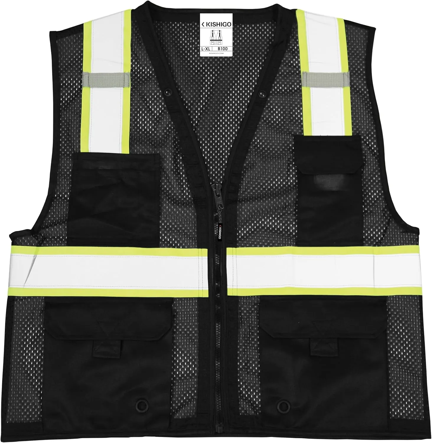 Kishigo Black Enhanced Visibility Men's Vest B100, Multi Pocket Mesh Hi-Vis Vest, Ultra-Cool Polyester, 6 Pockets, Zipper