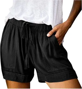 Linen Shorts for Women 2025 Summer Trendy Casual Beach Cotton with Pockets Drawstring Elastic Waist Plus Size Comfy Shorts