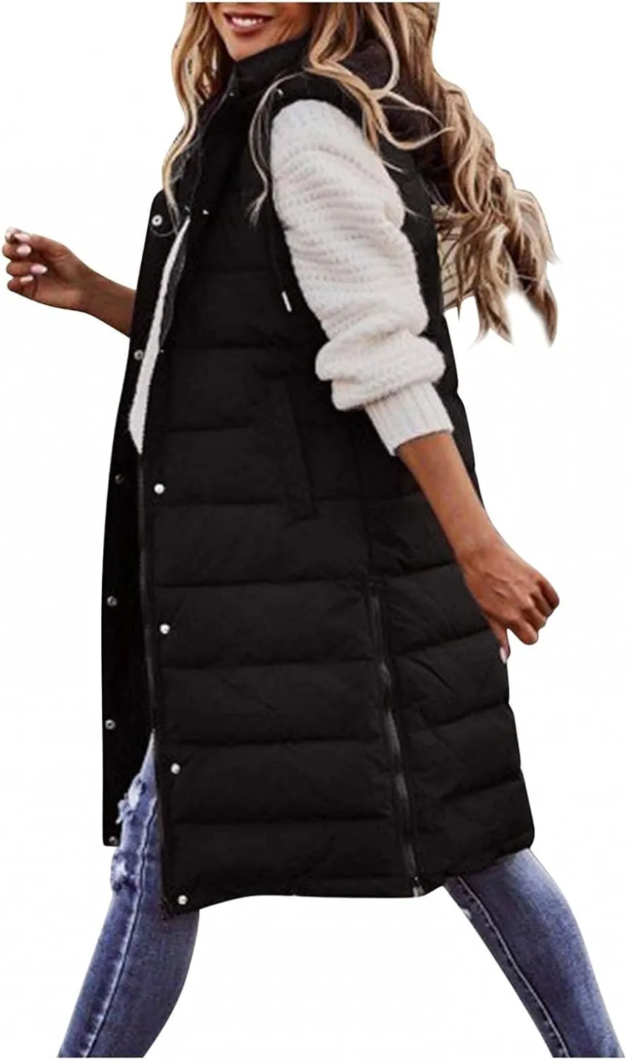 Long Puffer Vest Women Quilted Hooded Sleeveless Down Vest Outerwear Padded Jacket Fall Winter Coat with Pockets