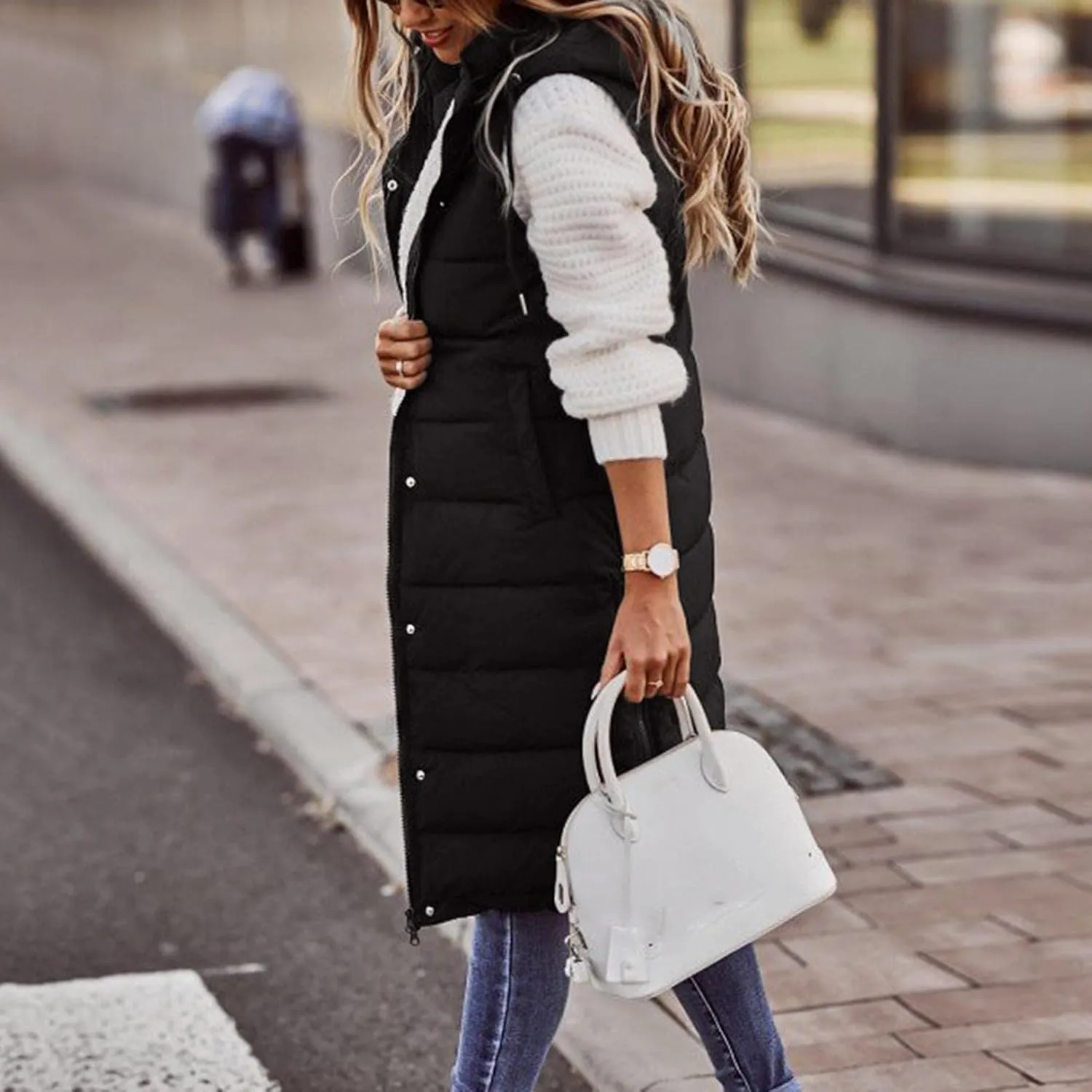 Long Puffer Vest Women Quilted Hooded Sleeveless Down Vest Outerwear Padded Jacket Fall Winter Coat with Pockets