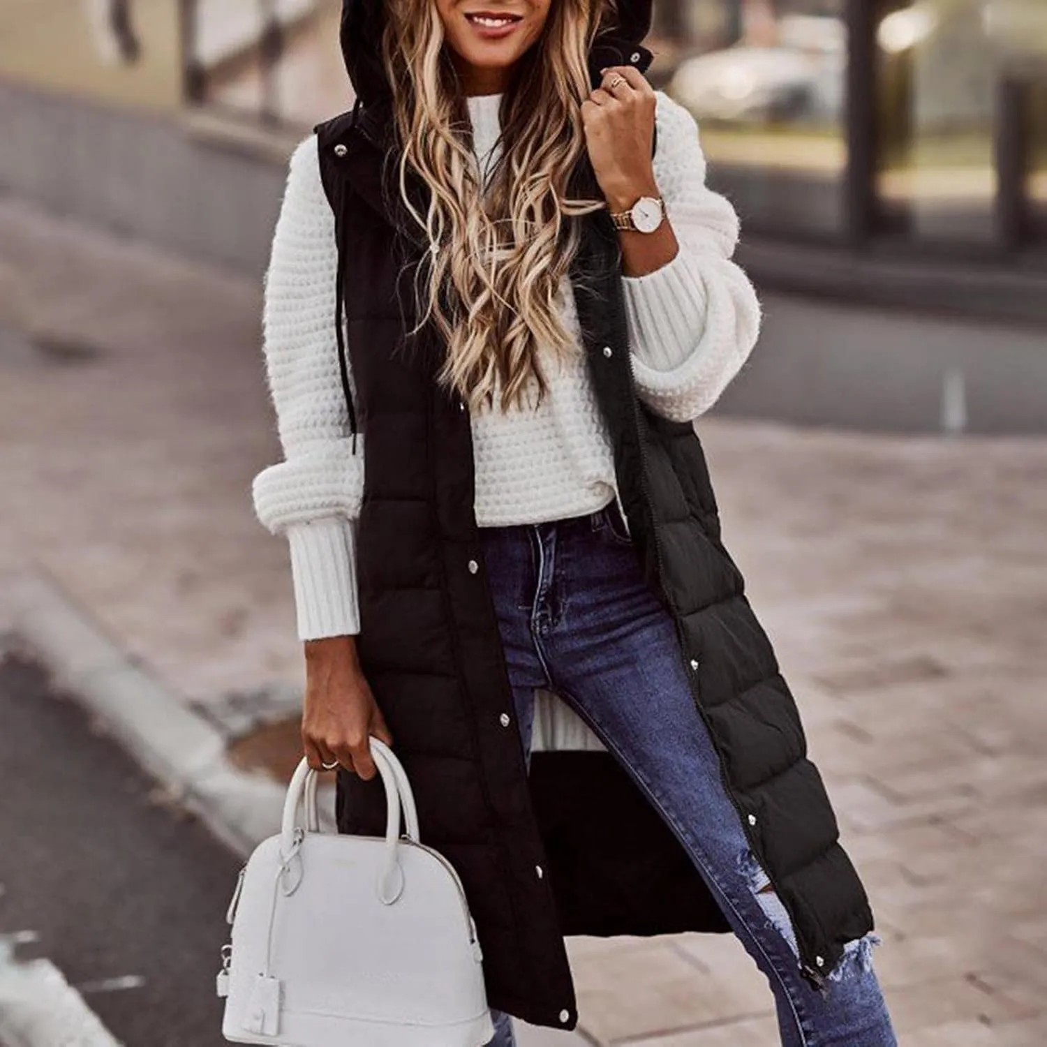Long Puffer Vest Women Quilted Hooded Sleeveless Down Vest Outerwear Padded Jacket Fall Winter Coat with Pockets