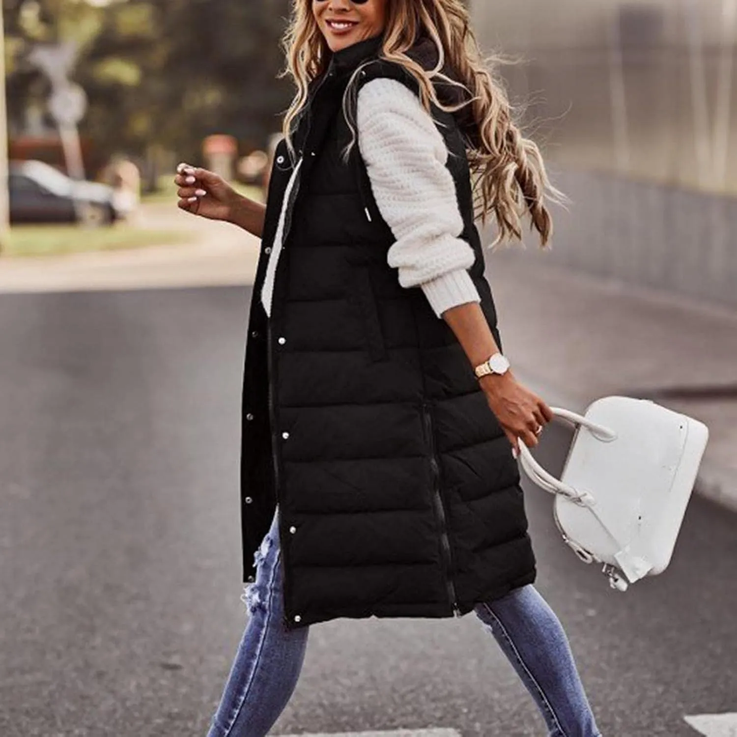 Long Puffer Vest Women Quilted Hooded Sleeveless Down Vest Outerwear Padded Jacket Fall Winter Coat with Pockets