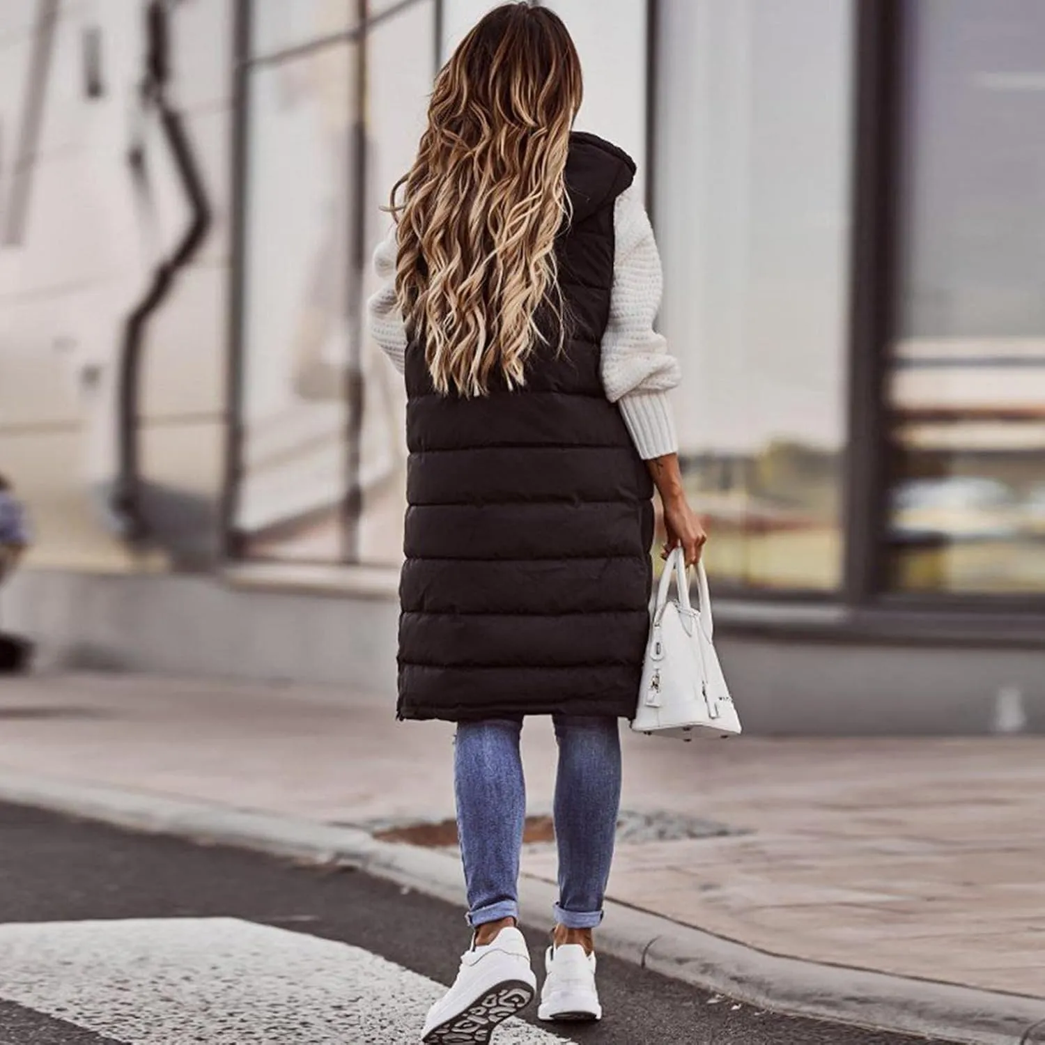 Long Puffer Vest Women Quilted Hooded Sleeveless Down Vest Outerwear Padded Jacket Fall Winter Coat with Pockets
