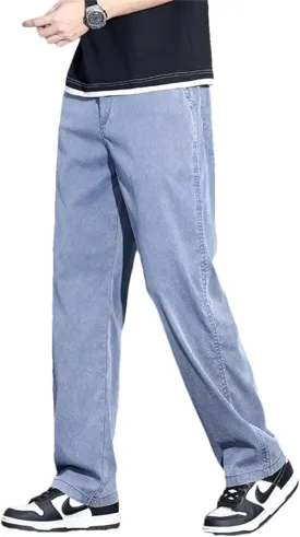 Men Summer Upgrade Soft Lyocell Fabric Jeans Ultrathin Blue Elastic Waist Loose Straight Denim Trousers