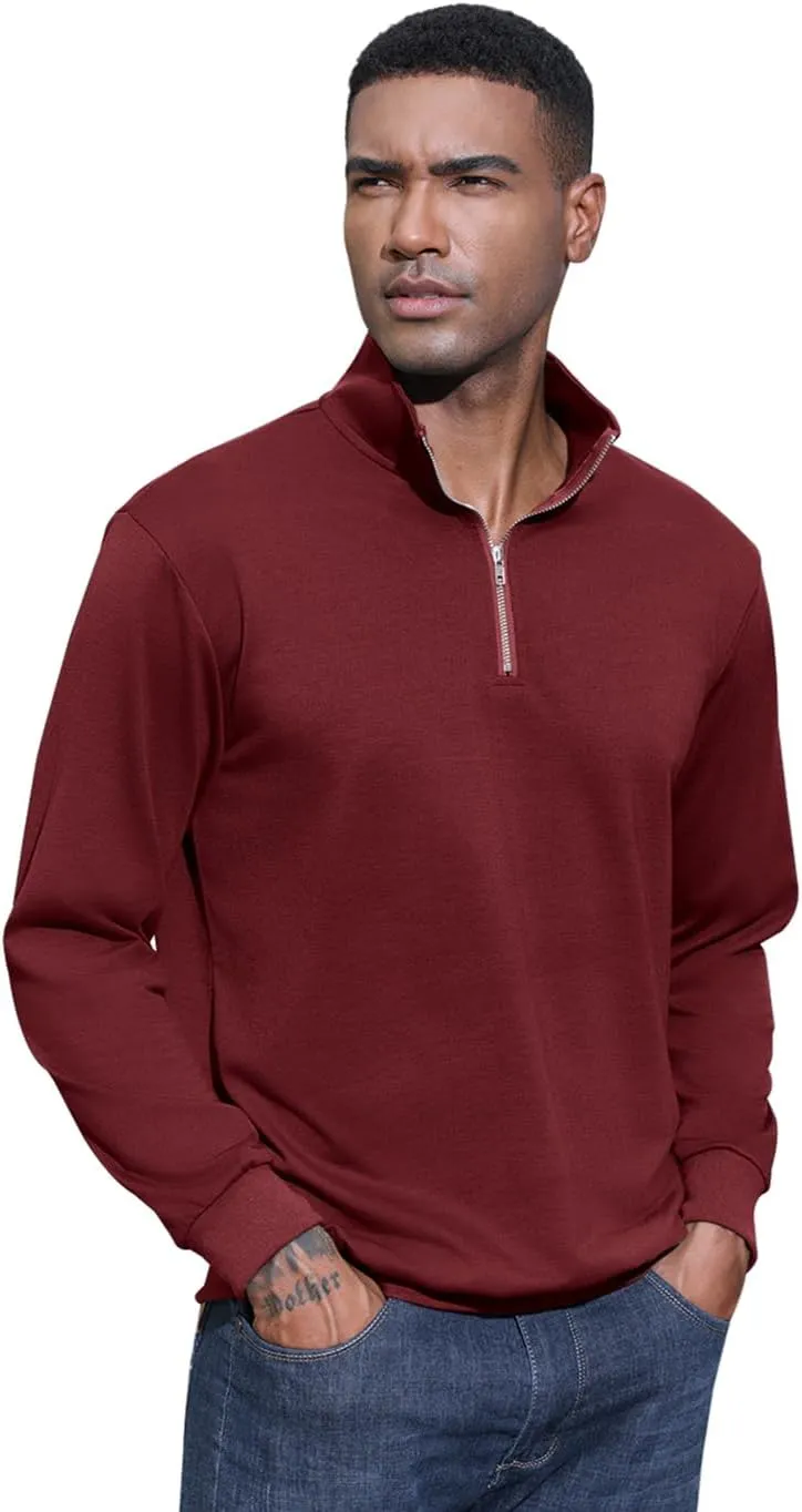 Men's Fashion Quarter Zip Pullover Casual Long Sleeve Sweatshirts Mock Neck Cotton Solid Zip Up Polo Shirts