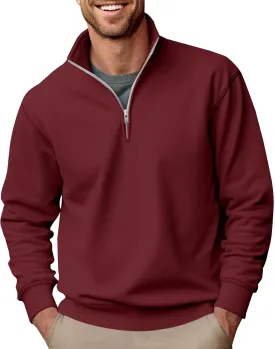Men's Fashion Quarter Zip Pullover Casual Long Sleeve Sweatshirts Mock Neck Cotton Solid Zip Up Polo Shirts