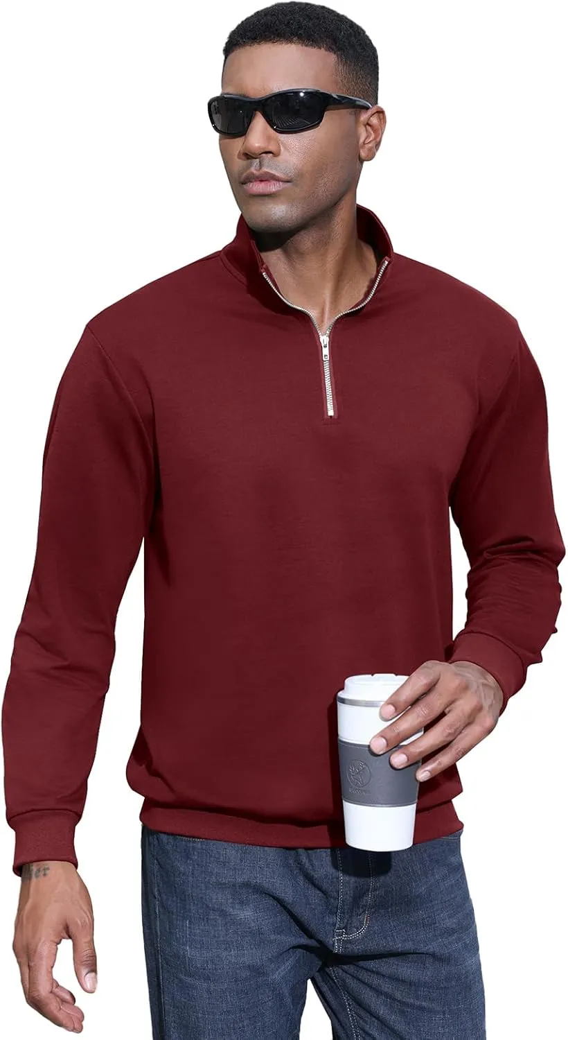 Men's Fashion Quarter Zip Pullover Casual Long Sleeve Sweatshirts Mock Neck Cotton Solid Zip Up Polo Shirts