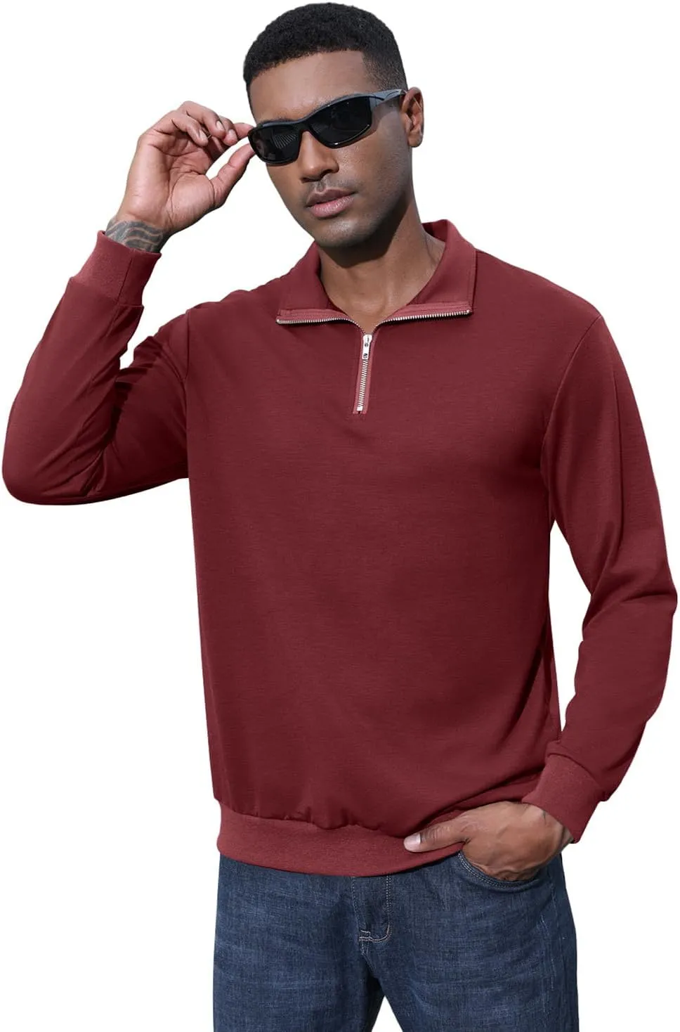 Men's Fashion Quarter Zip Pullover Casual Long Sleeve Sweatshirts Mock Neck Cotton Solid Zip Up Polo Shirts