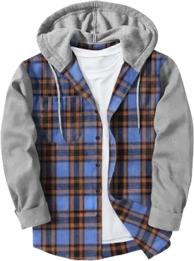 Men's Flannel Plaid Button Shirt Jackets with Hood, Casual Raglan Sleeve Checkered Hoody Shirts Fall Tops with Pocket