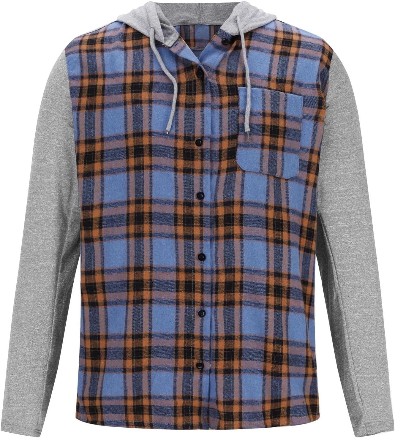 Men's Flannel Plaid Button Shirt Jackets with Hood, Casual Raglan Sleeve Checkered Hoody Shirts Fall Tops with Pocket
