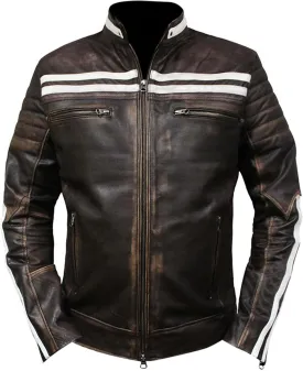 Mens Leather Jackets - Cafe Racer Motorcycle Quilted Shoulder Distressed Brown Genuine Leather Jacket for Men