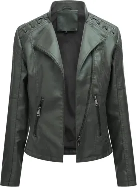 NATHGAM Womens Leather Jacket Long Sleeve Cropped Tops with Zipper Pockets Lightweight Vegan Lapel Biker Jacket Outerwear