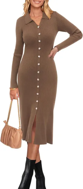 Newshows Womens Fall Sweater Dress 2024 Long Sleeve Oufits Trendy Bodycon Split V Neck Ribbed Knit Button Casual Midi Dresses