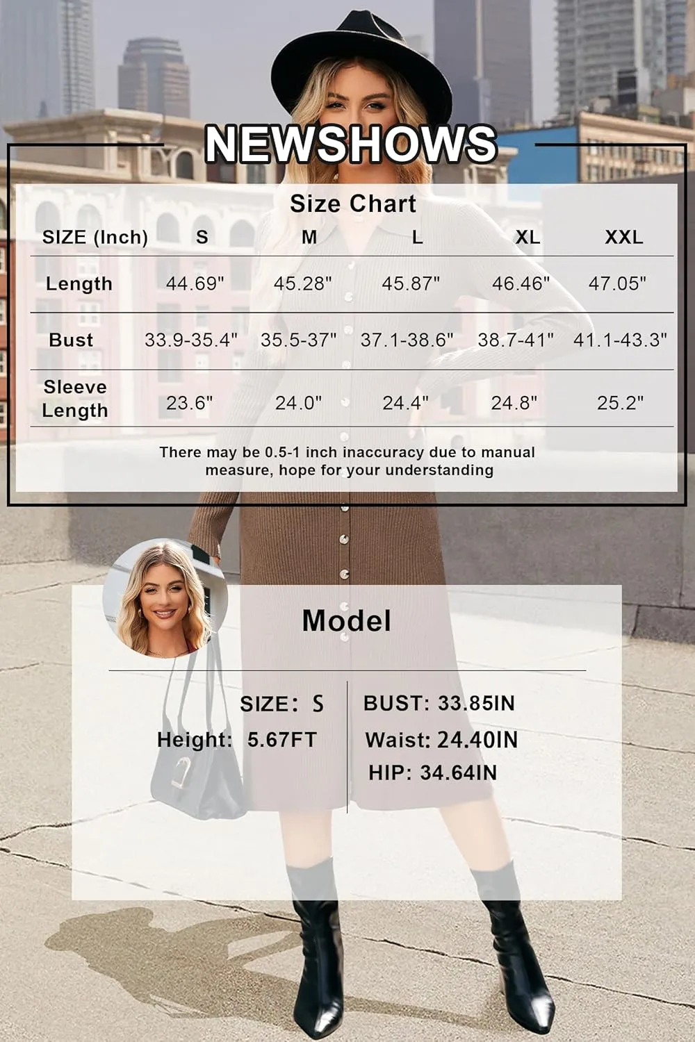 Newshows Womens Fall Sweater Dress 2024 Long Sleeve Oufits Trendy Bodycon Split V Neck Ribbed Knit Button Casual Midi Dresses