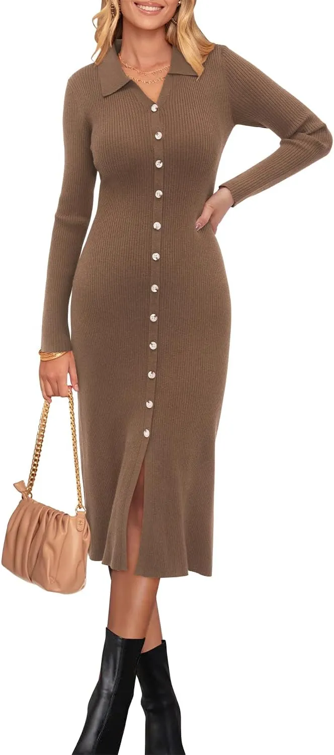 Newshows Womens Fall Sweater Dress 2024 Long Sleeve Oufits Trendy Bodycon Split V Neck Ribbed Knit Button Casual Midi Dresses
