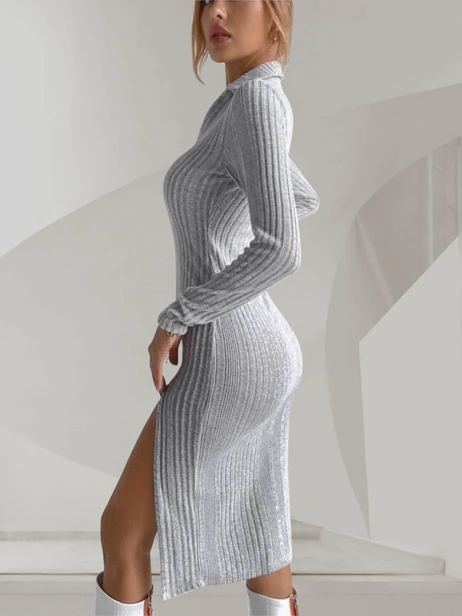 Paintcolors Women's Fall Sweater Dress Long Sleeve V Neck Bodycon Midi Slit Knit Slim Fit Casual Collared Dresses