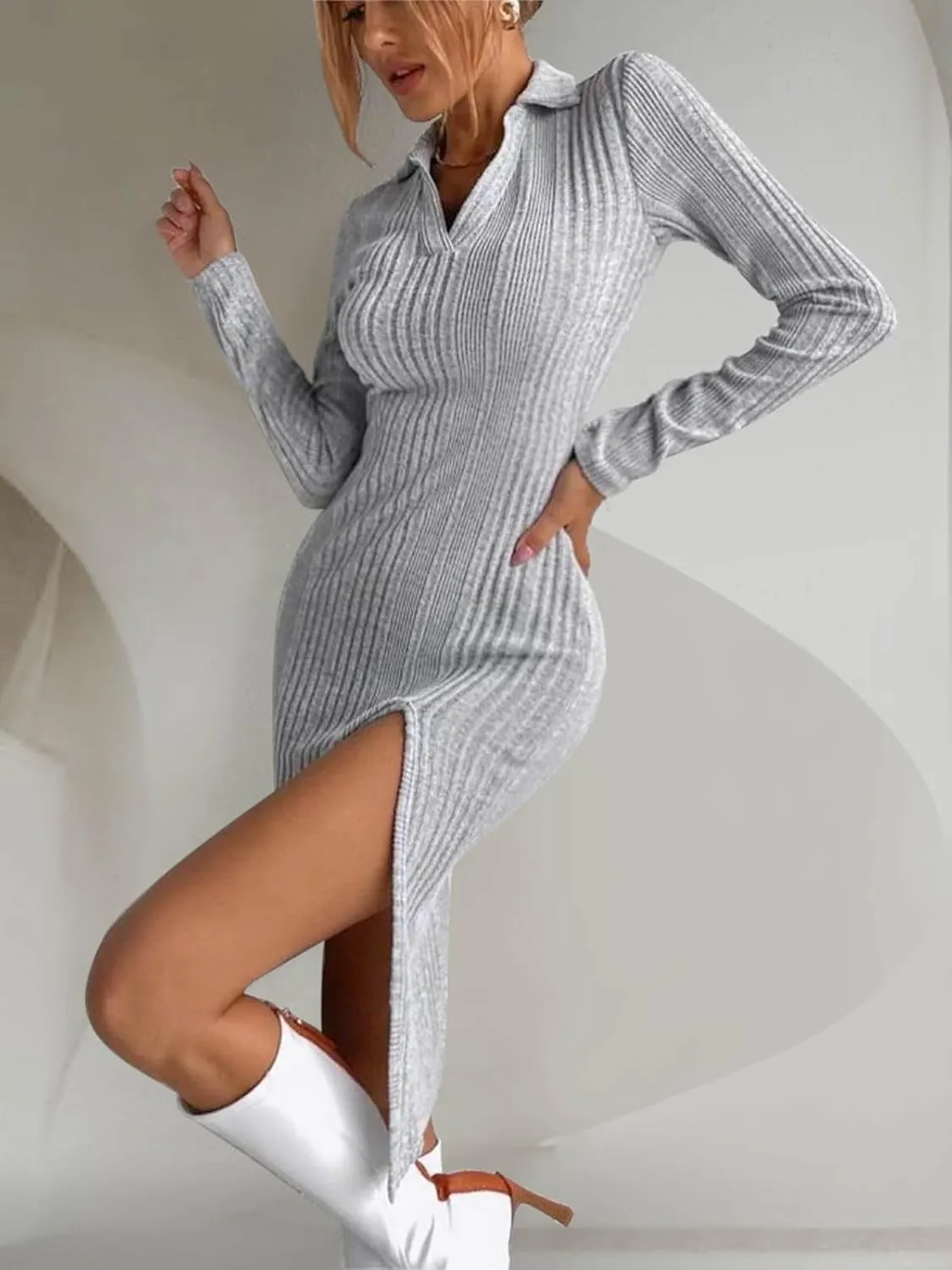Paintcolors Women's Fall Sweater Dress Long Sleeve V Neck Bodycon Midi Slit Knit Slim Fit Casual Collared Dresses