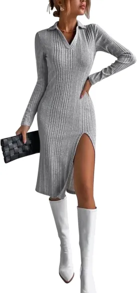 Paintcolors Women's Fall Sweater Dress Long Sleeve V Neck Bodycon Midi Slit Knit Slim Fit Casual Collared Dresses