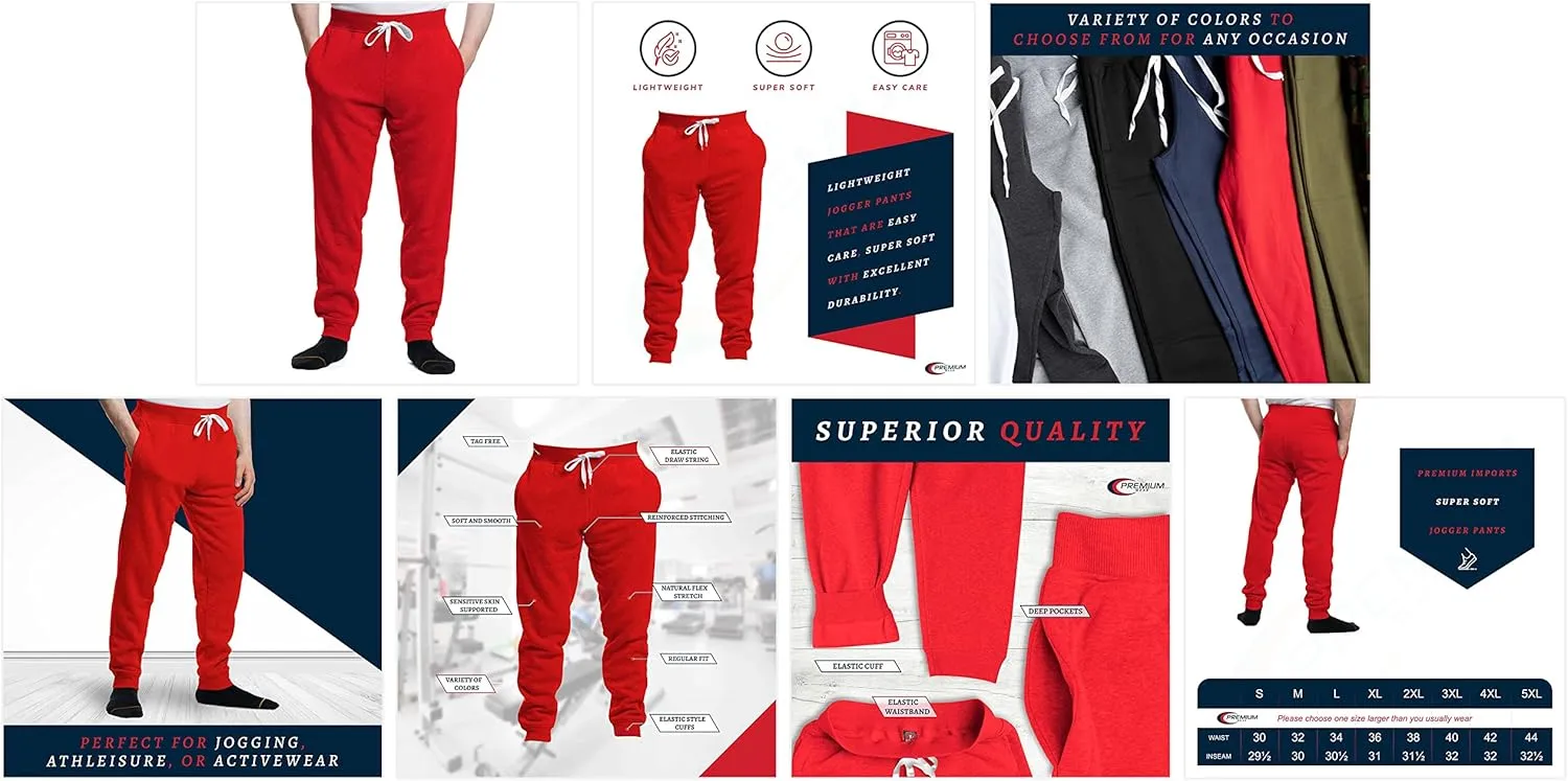 Premium Wear Mens Jogger Sweatpants - Lightweight, Super Soft, 100% Polyester | Elastic Drawstring, Deep Pockets, Tag-Free