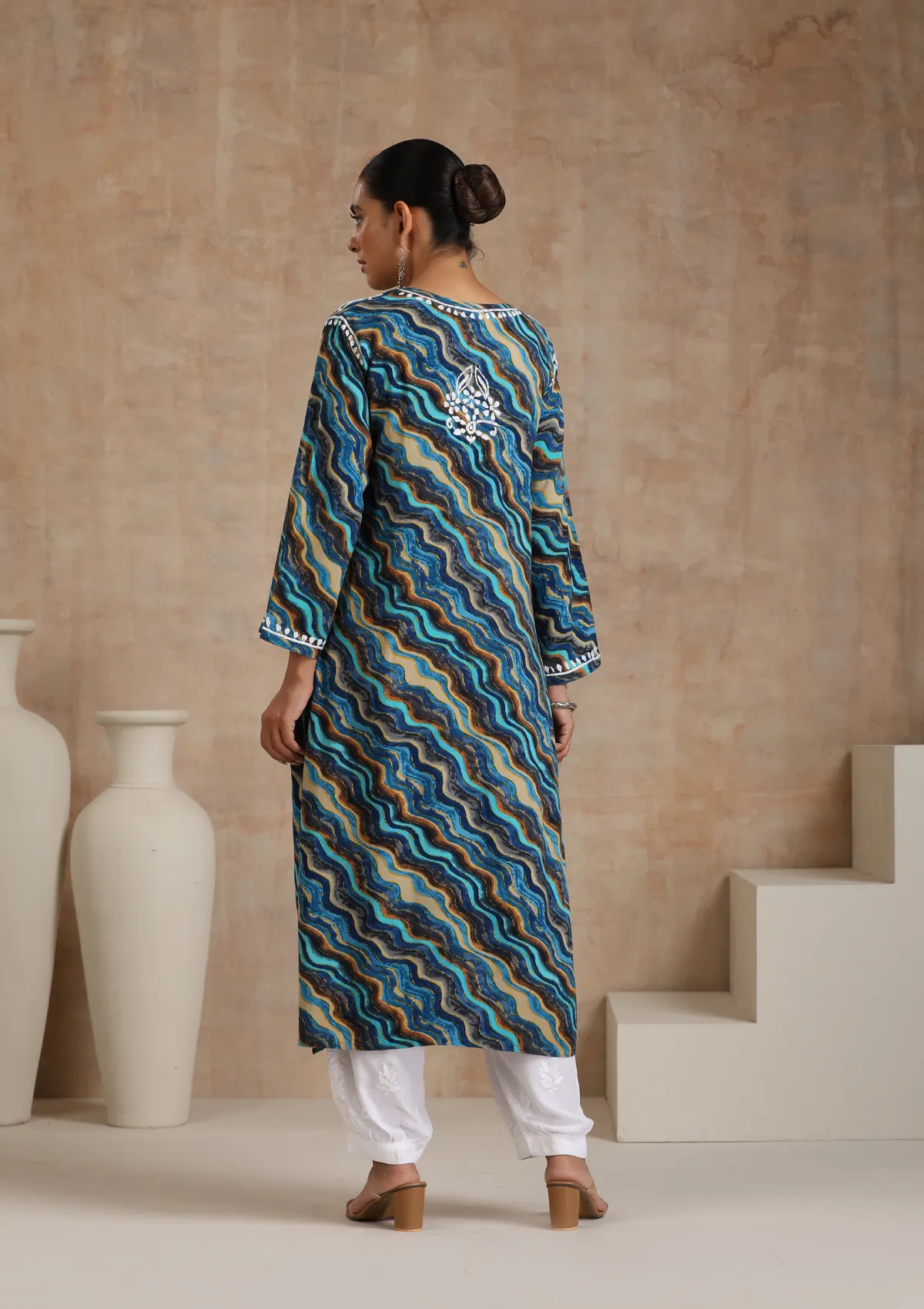 Rayon Chikankari Printed Women's Long Kurta - Blue