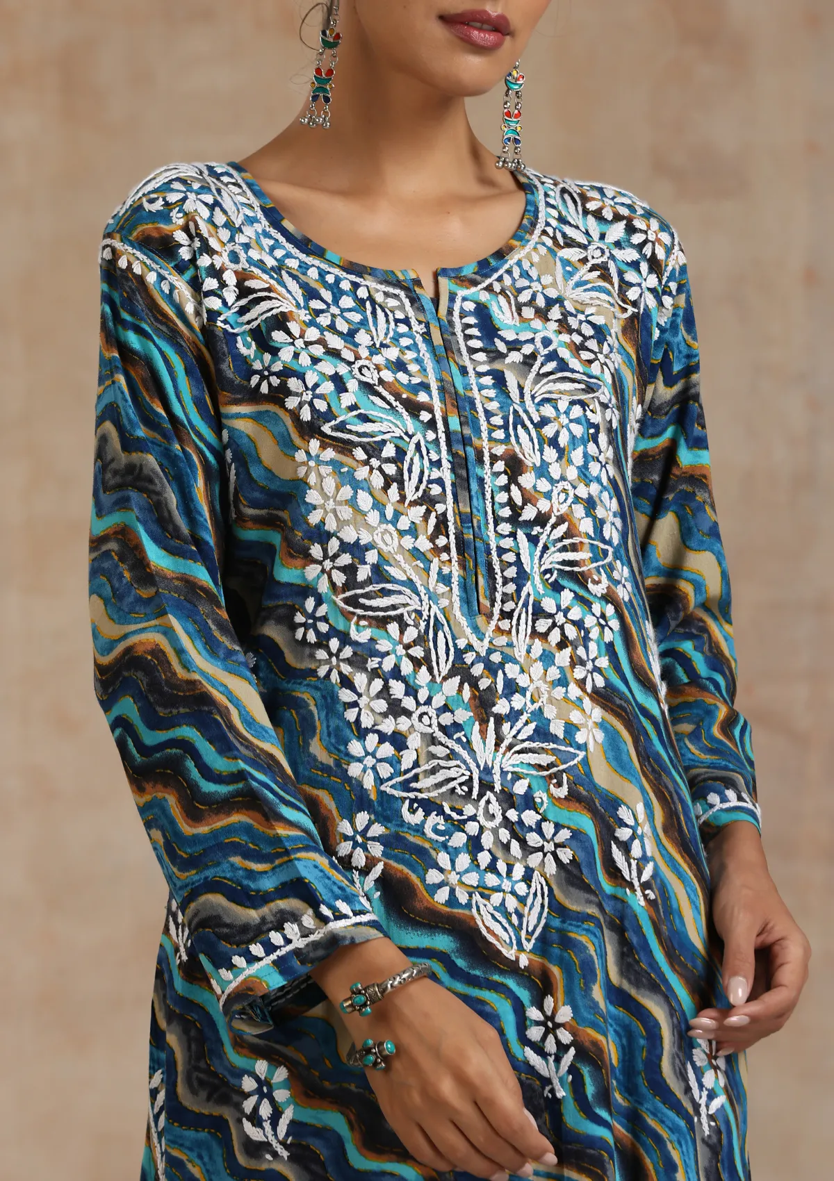 Rayon Chikankari Printed Women's Long Kurta - Blue