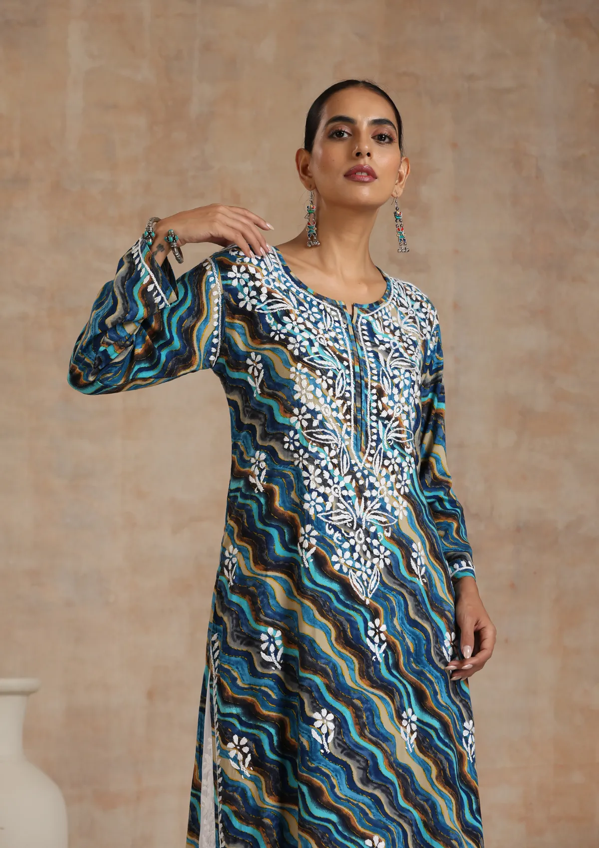 Rayon Chikankari Printed Women's Long Kurta - Blue