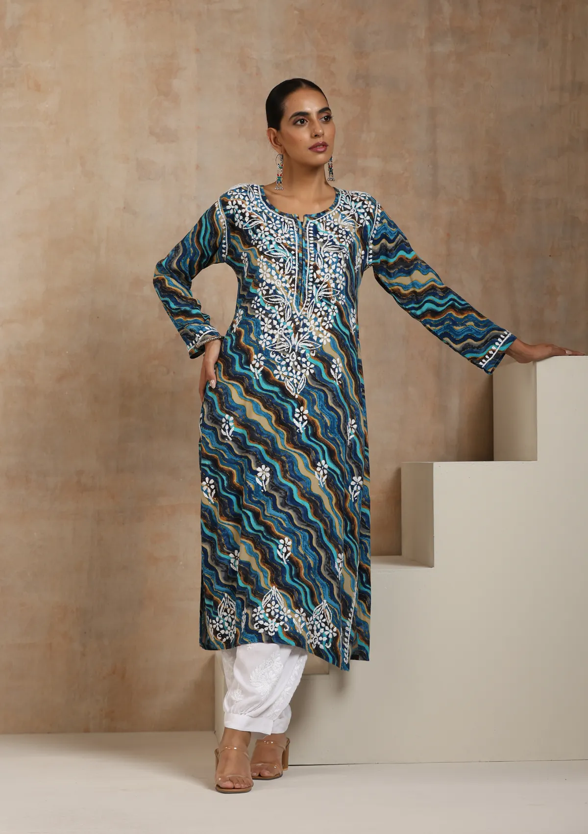Rayon Chikankari Printed Women's Long Kurta - Blue