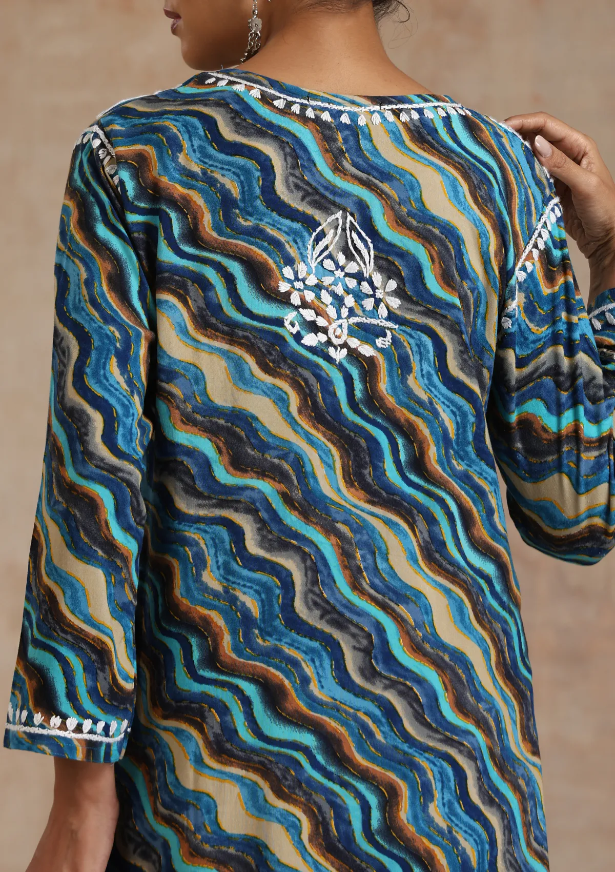 Rayon Chikankari Printed Women's Long Kurta - Blue