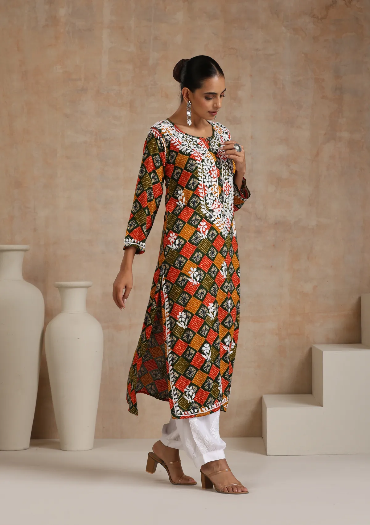 Rayon Chikankari Printed Women's Long Kurta - Green